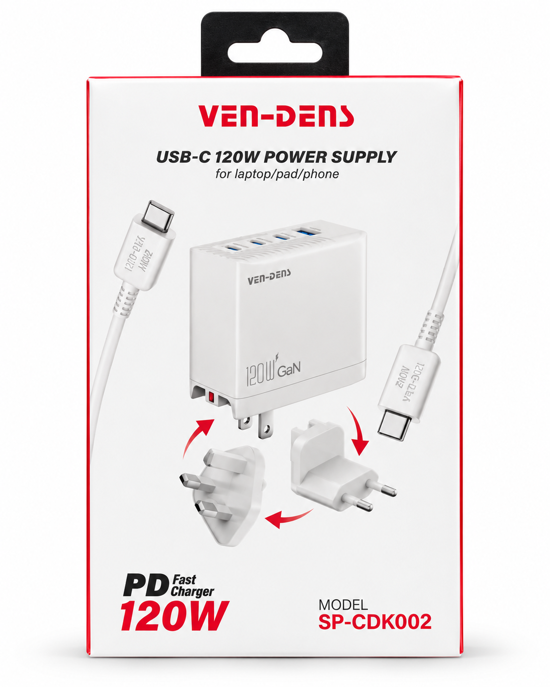 Ven-Dens 120W 4-Port Full Charger with C-C Cable- White SP-CDK002