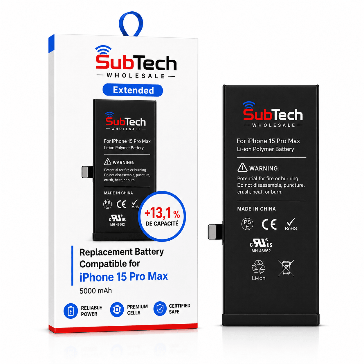 SubTech Extended Battery for iPhone 15 Pro Max – 5000 mAh (+13.1%)