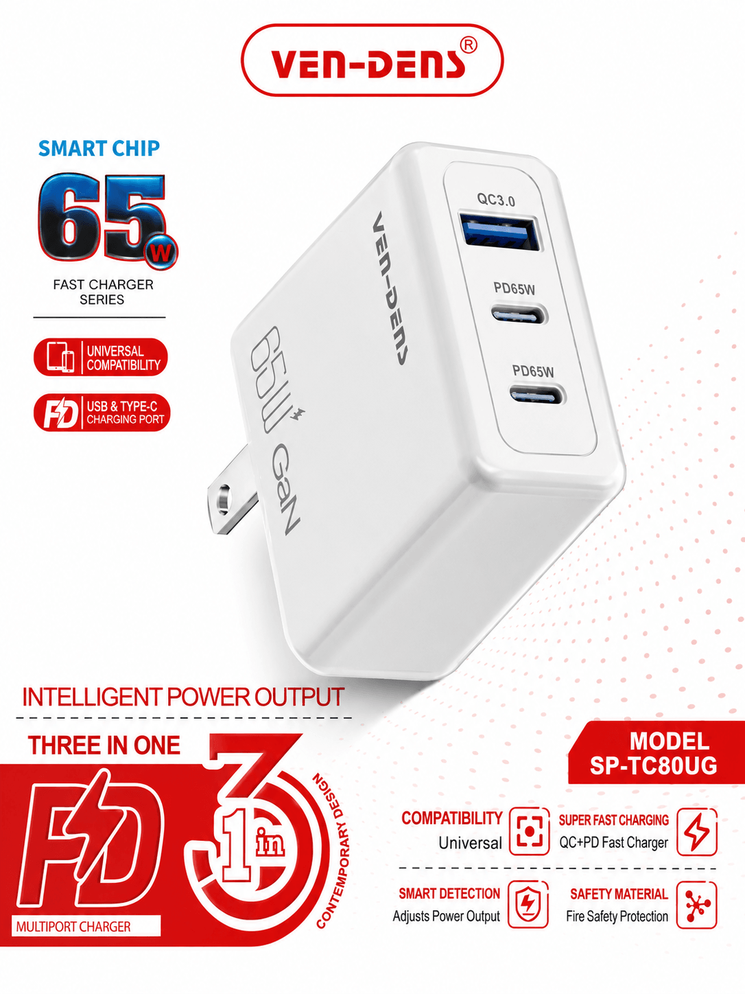 Ven-Dens 65W triple-Port Charger with C-C Cable- White SP-TC80UG