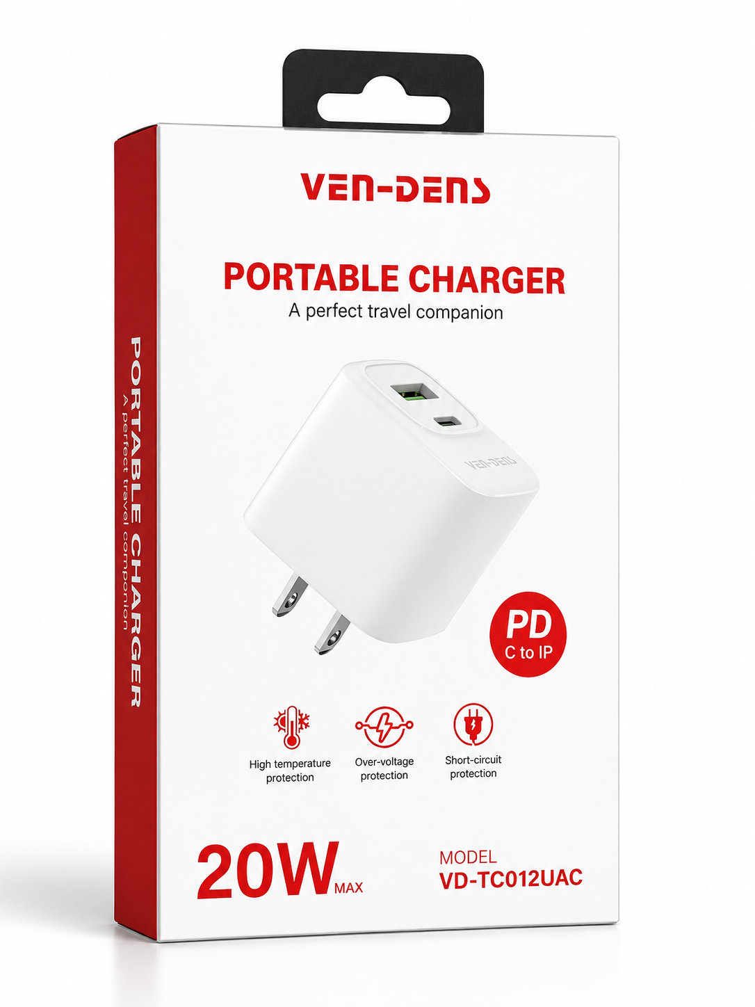 Ven-Dens 20W Dual-Port Full Charger With C-C Cable- White  VD-TC012UACP