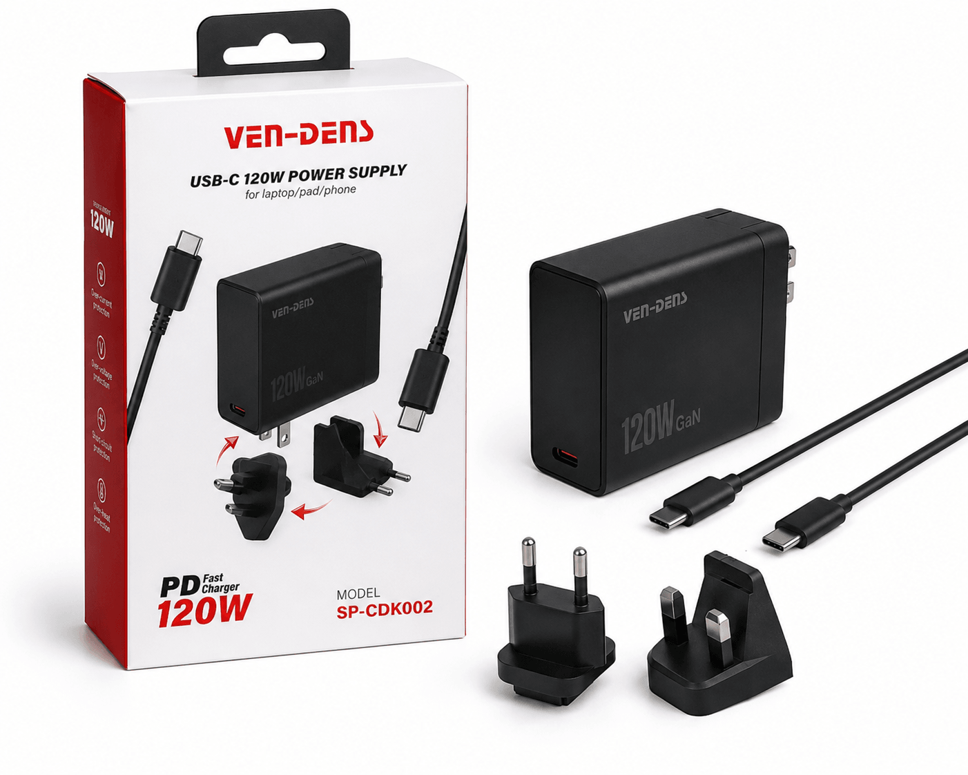 Ven-Dens 120W 4-Port Full Charger with C-C Cable- White SP-CDK002