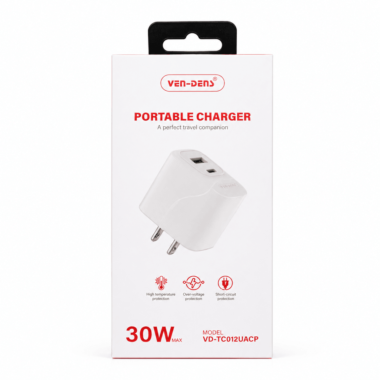 Ven-Dens 30W Dual-Port Charger with C-C Cable- White VD-TC012UACP