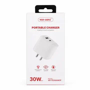 Ven-Dens 30W Dual-Port Charger with C-C Cable- White VD-TC012UACP