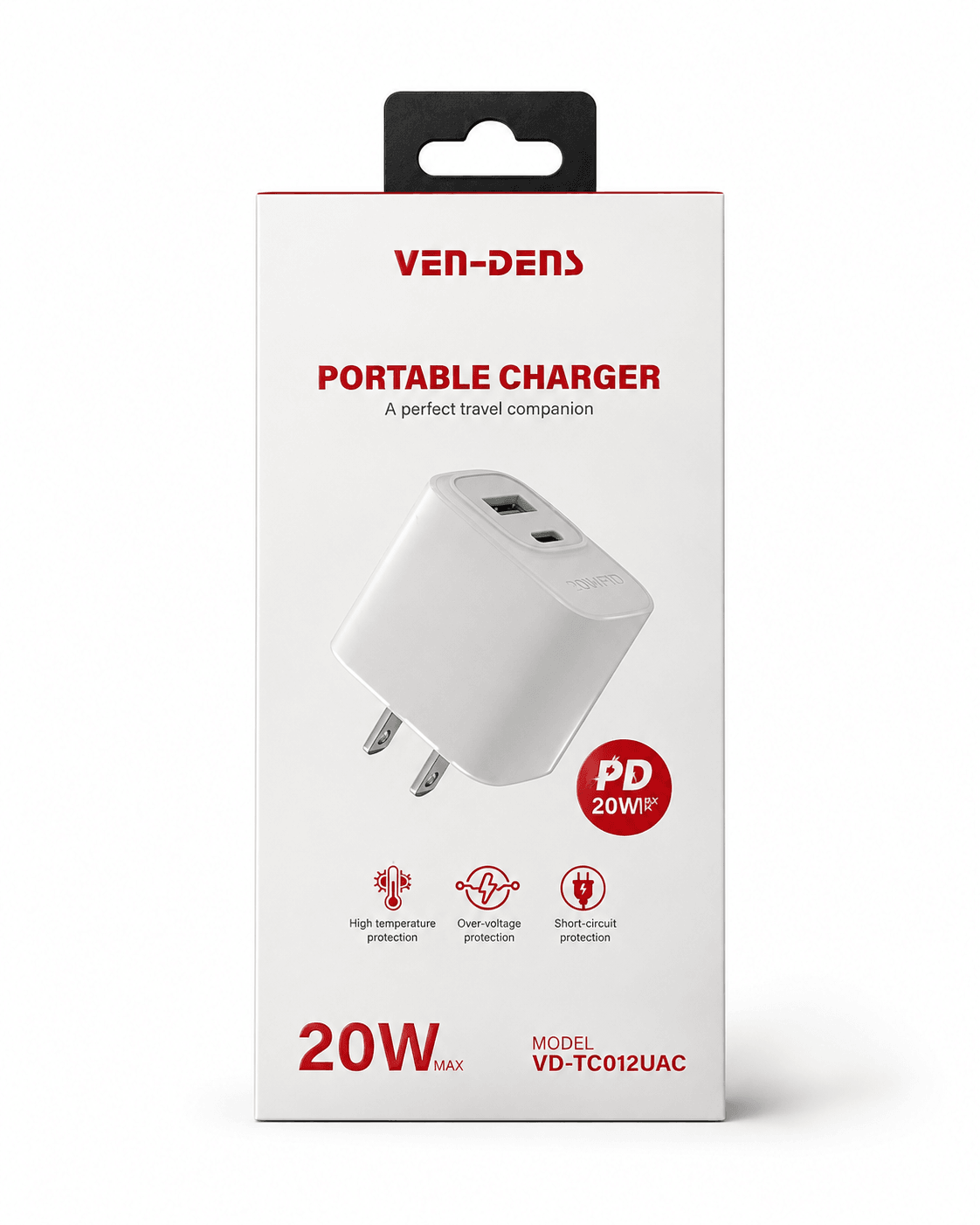 Ven-Dens 20W Dual-Port Full Charger with C-C Cable- White VD-TC012UAC