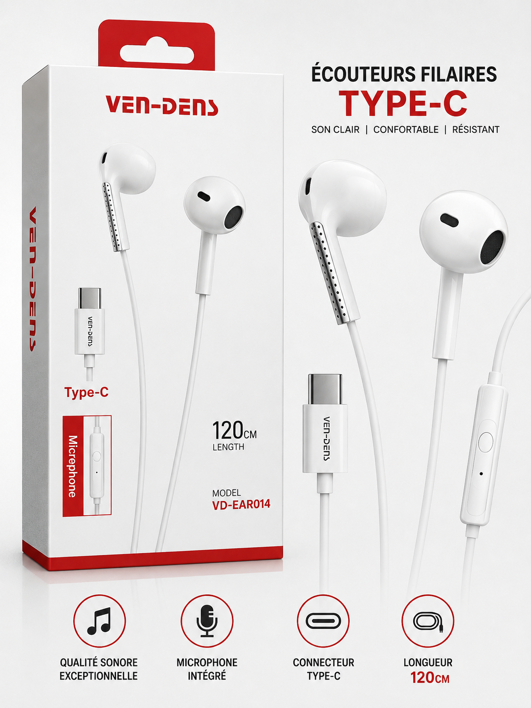Ven-Dens Ecouteurs Filaires Types-C VD-EAR014
