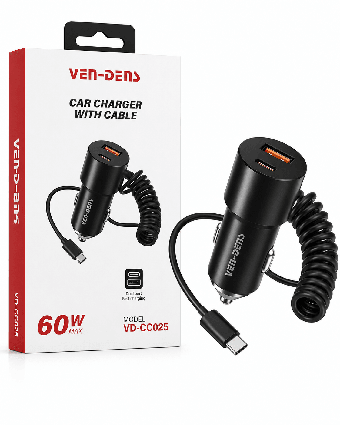 Ven-Dens Car Charger With Cable 60W  VD-CC025