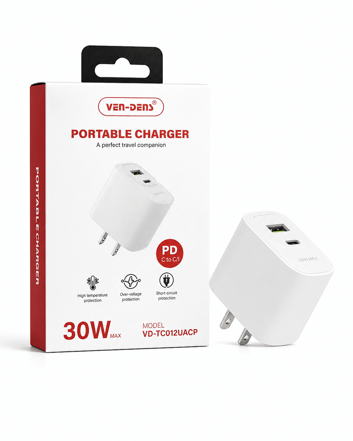 Ven-Dens 30W Dual-Port Full Charger with C-C Cable- White VD-TC012UACP
