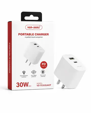 Ven-Dens 30W Dual-Port Full Charger with C-C Cable- White VD-TC012UACP