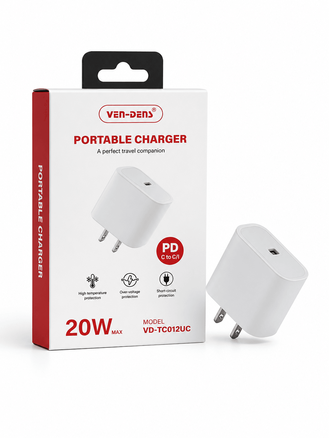 Ven-Dens 20W Dual-Port Full Charger with C-C Cable- White VD-TC012UC