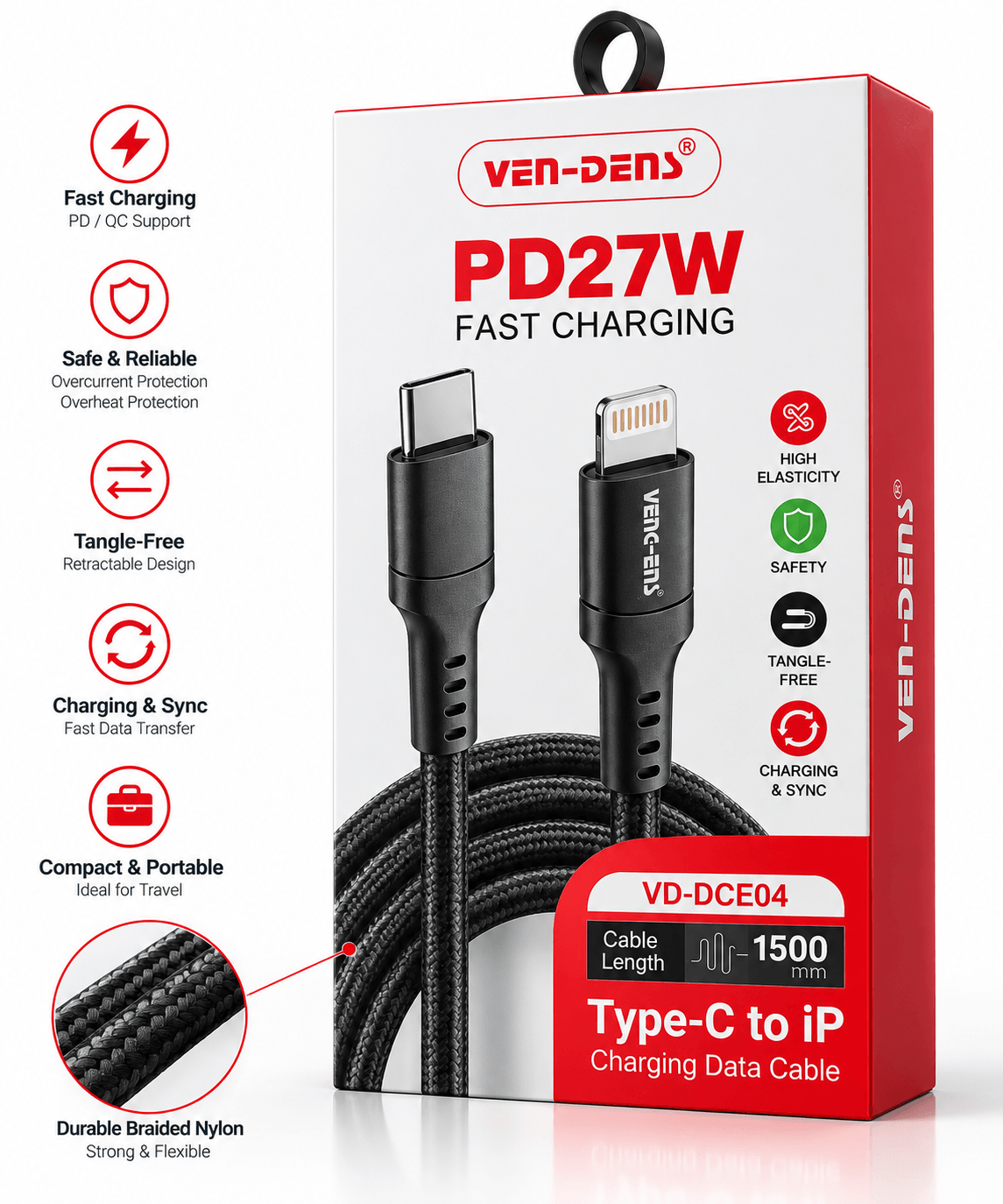 Ven-Dens 27W QD3.5 Type-C To Lightning Data Cable -NON MFI 1.5 M-Black(VD-DCE04)