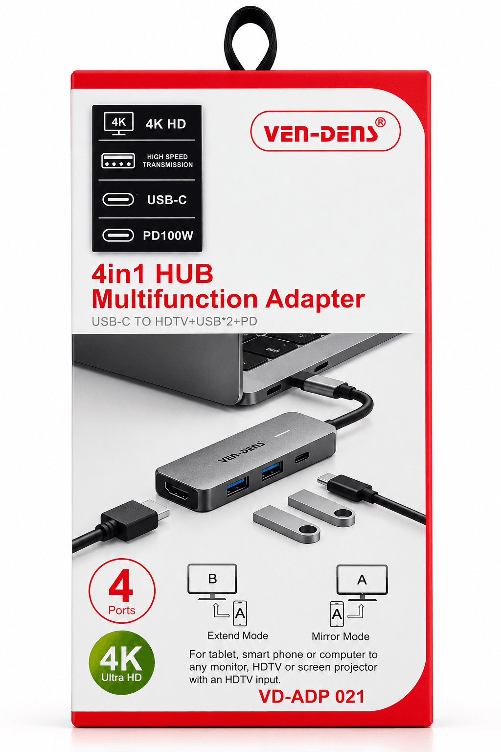 VEN-DENS VD-ADP021 4-in-1 USB-C Multifunction Hub Adapter – 4K HDMI, Dual USB & PD 100W