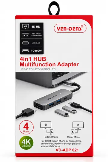 VEN-DENS VD-ADP021 4-in-1 USB-C Multifunction Hub Adapter – 4K HDMI, Dual USB & PD 100W