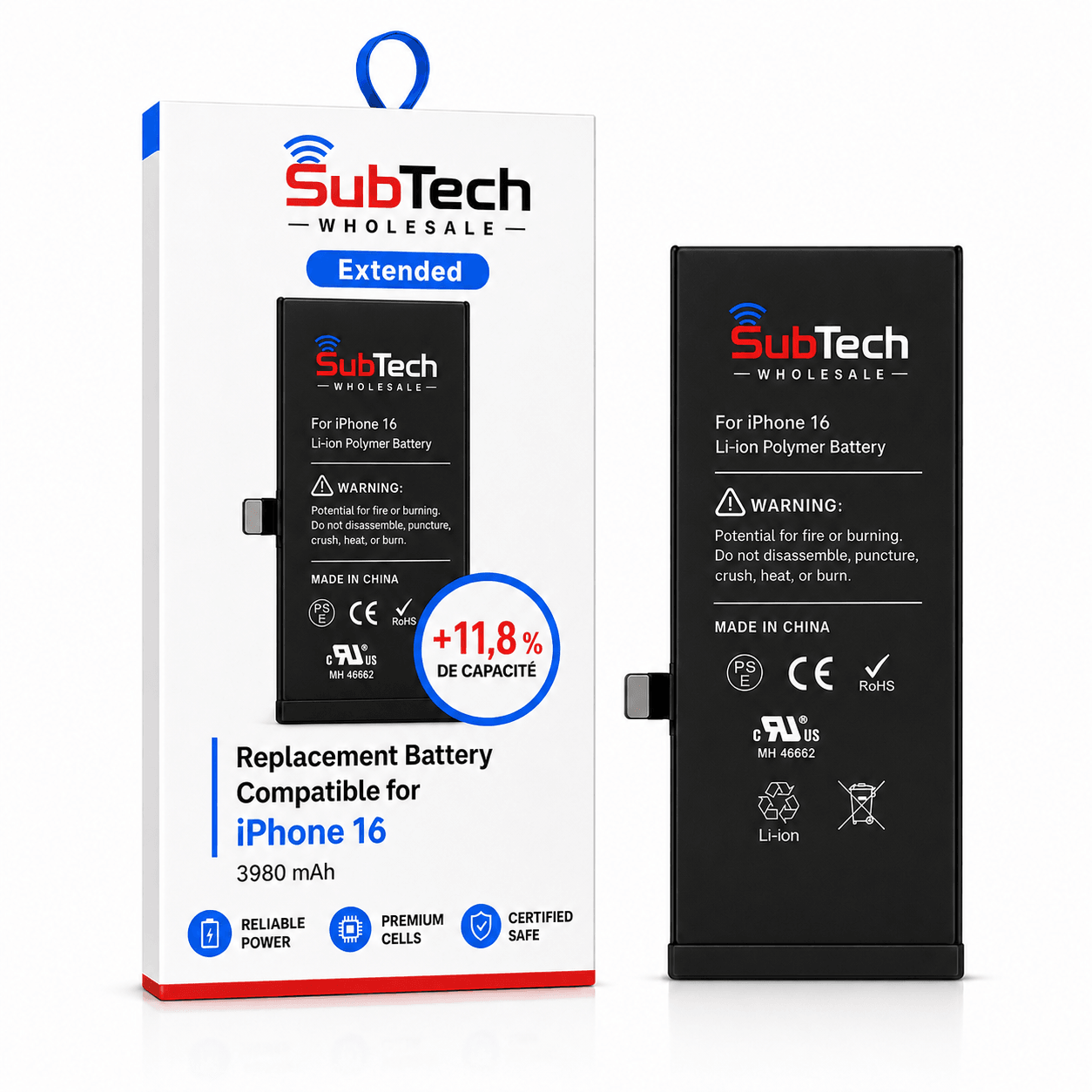 Batterie SubTech Extended pour iPhone 16 – 3980 mAh (+11,8 %)