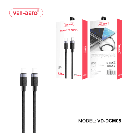 Ven-Dens 60W Type-C to Type-C Thumb Data Cable 1M – Black (VD-DCM05)
