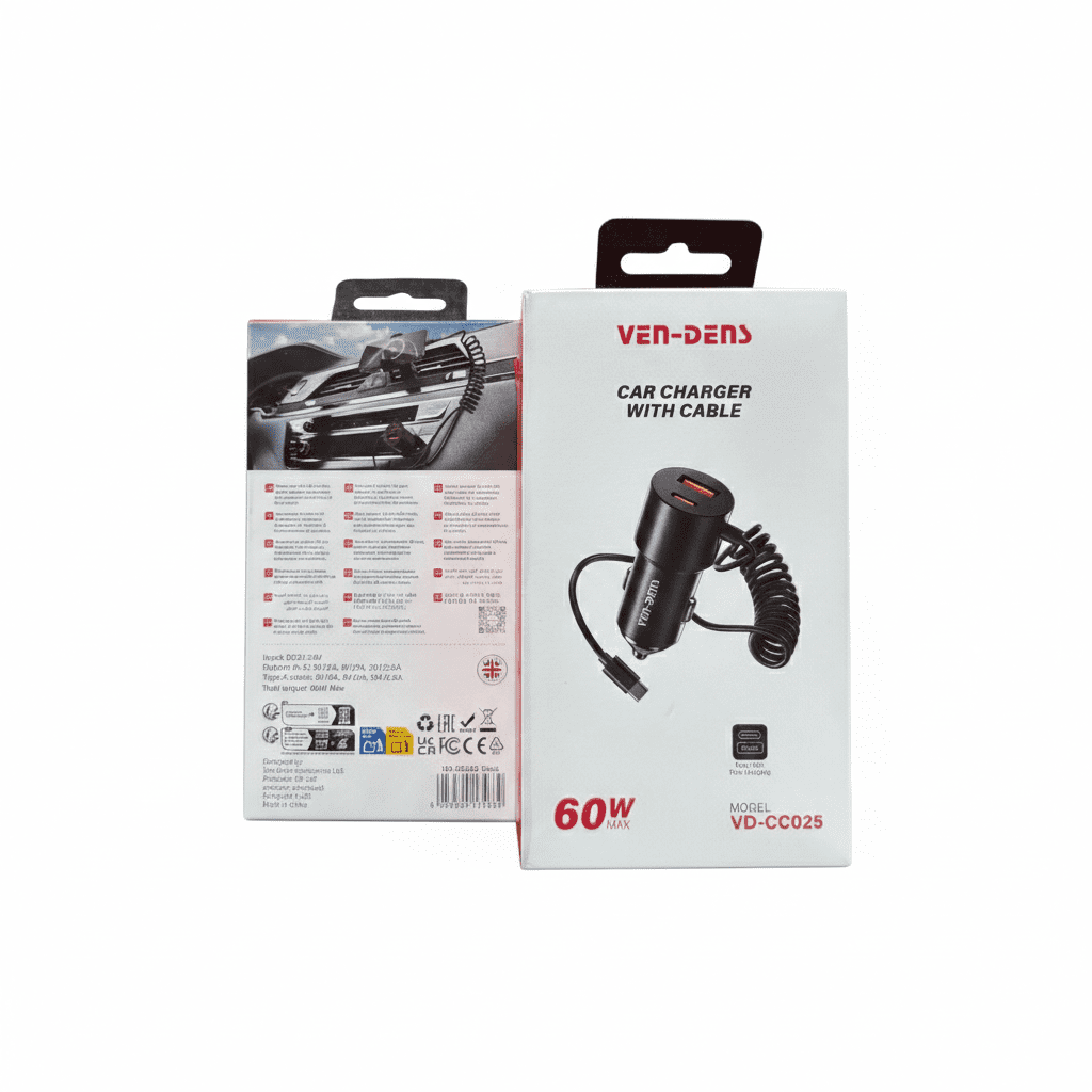 Ven-Dens VD-CC025 is a dual-port fast car charger with an integrated cable