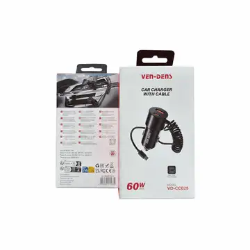 Ven-Dens VD-CC025 is a dual-port fast car charger with an integrated cable