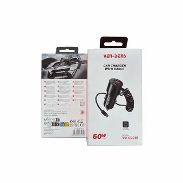 Ven-Dens VD-CC025 is a dual-port fast car charger with an integrated cable